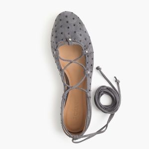 J. Crew Grey Studded Suede Lace-up Ballet Flat